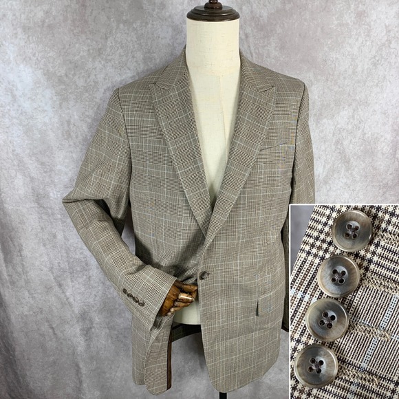 Stafford Linen Blazer Jacket Men 44L Brown Luxury Sport Coat Glen Check Classic